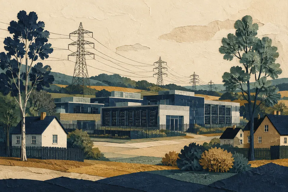 Paper-cut illustration of data centers, power lines and nearby homes.