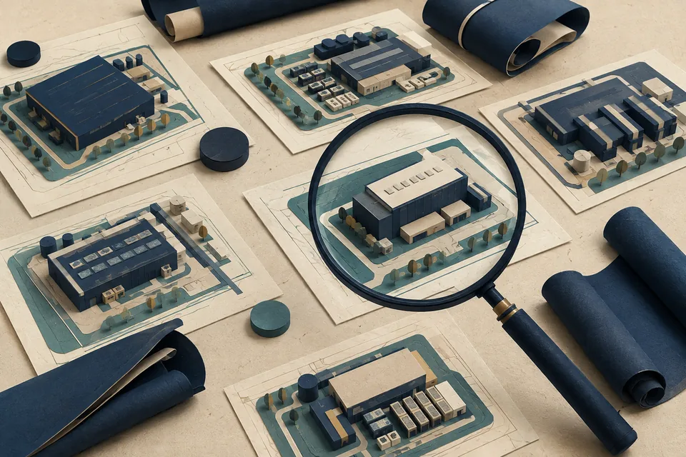 Paper-cut illustration of several building models on separate planning sheets.