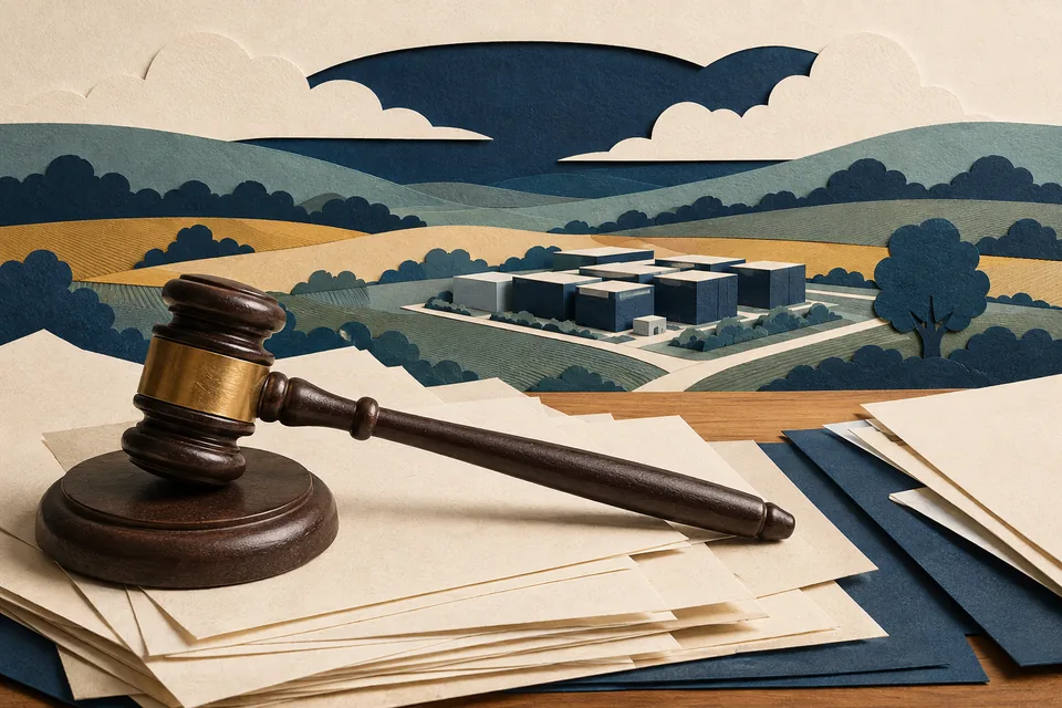 Paper-cut illustration of a gavel on public-hearing papers beside a rural building model.