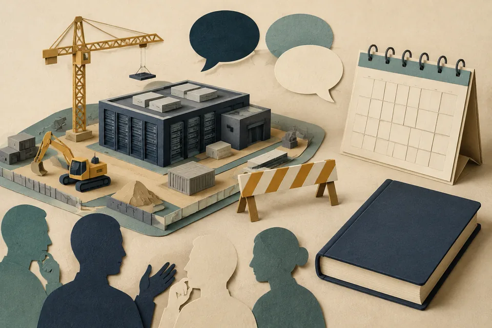 Paper-cut illustration of a construction model, a barrier, a calendar and a blank rulebook.