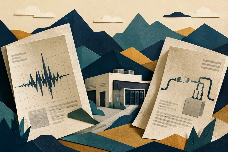 Paper-cut illustration of a computing facility among mountains, framed by invented newspaper diagrams.