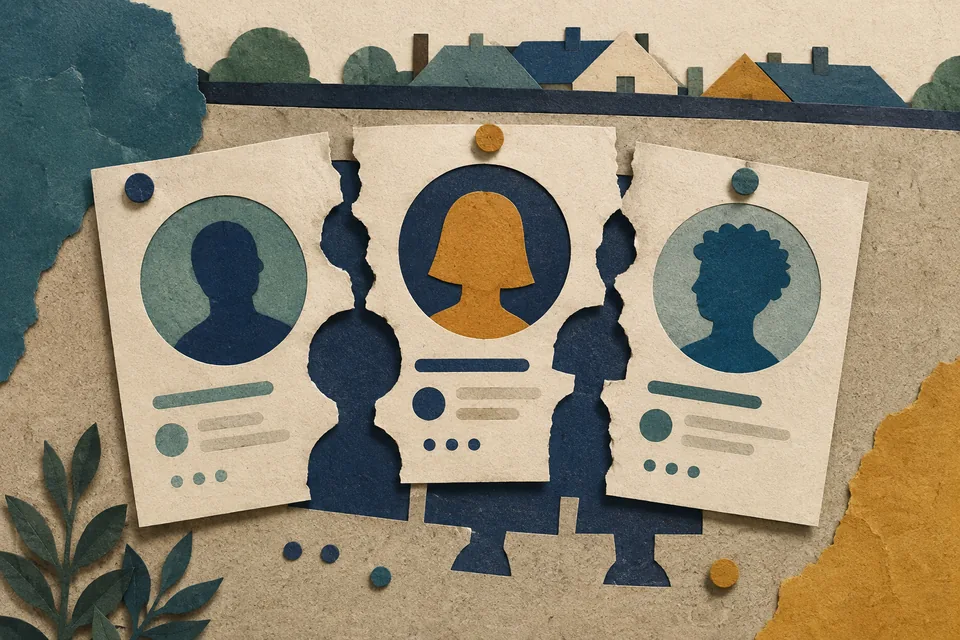 Paper-cut illustration of different online profiles connected to a repeated template.