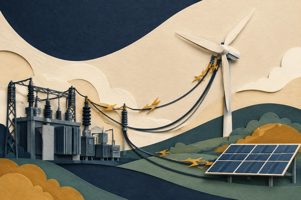 Paper-cut illustration of transmission cables, a substation, solar panels and a wind turbine.