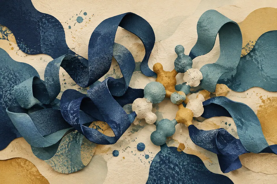 Paper-cut illustration of folded molecular ribbons and smaller interacting shapes.