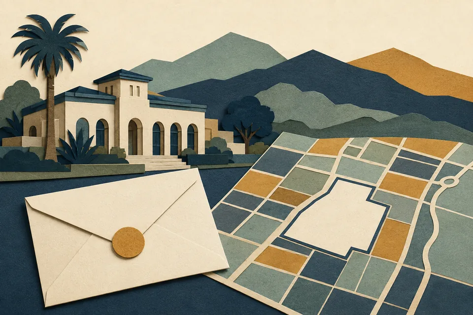 Paper-cut illustration of a civic building, a palm tree, a zoning map and a ballot envelope.