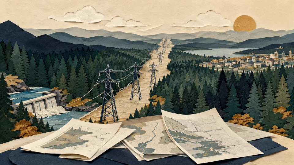 Paper-cut illustration of a transmission corridor through a forest, with water, a distant town and planning sheets.