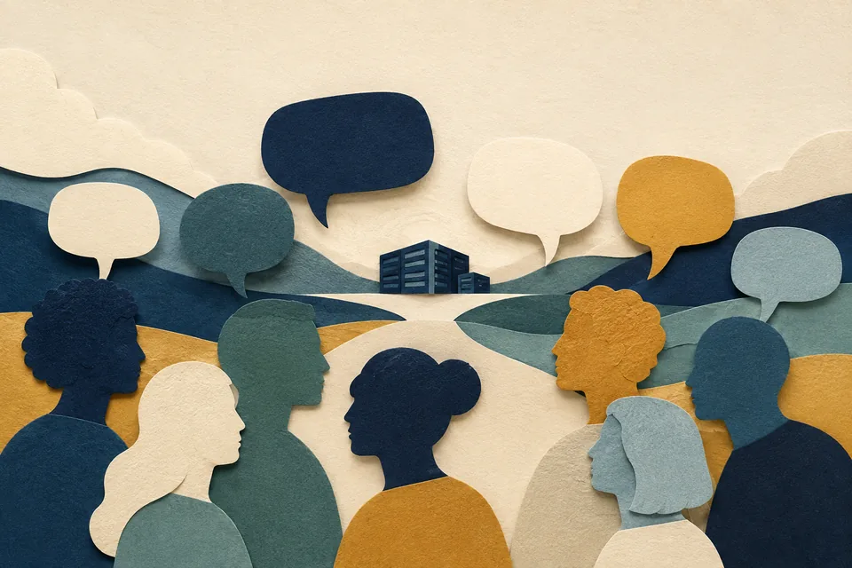 Paper-cut illustration of varied anonymous profiles and speech bubbles near a data center.