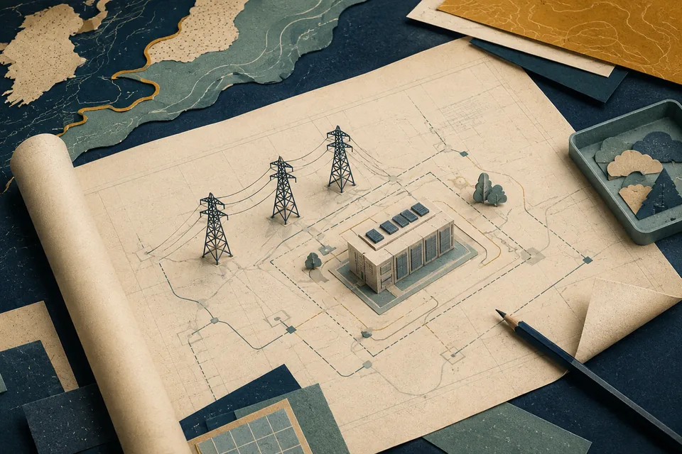 Paper-cut illustration of an infrastructure blueprint, a pencil and small building models.