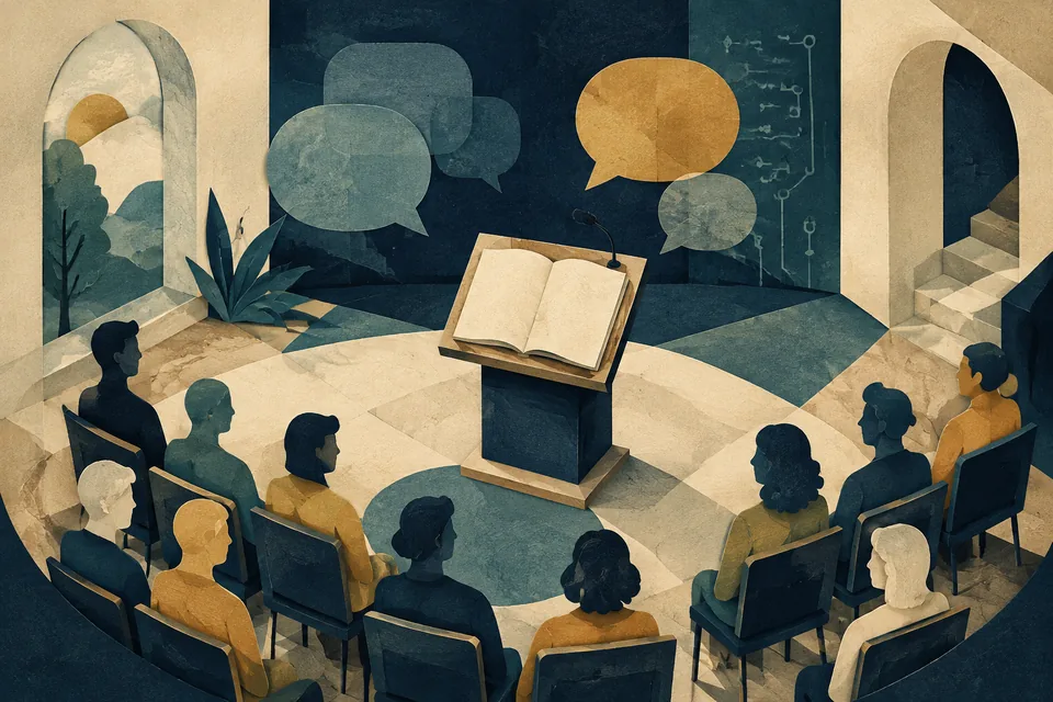 Paper-cut illustration of a policy lecture, an open book and a semicircle of chairs.