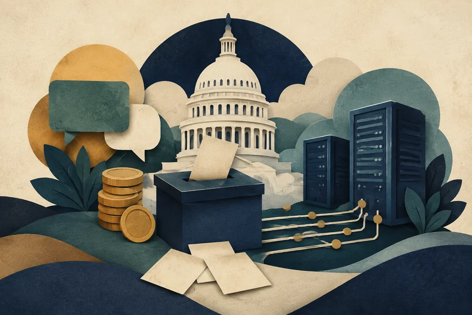 Paper-cut illustration of a ballot box, coins, the US Capitol and computer servers.