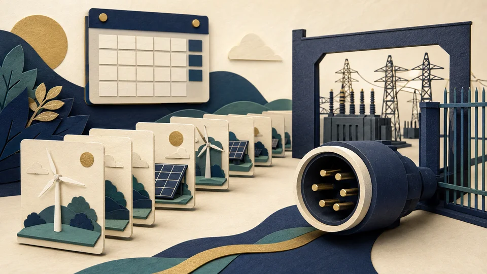 Paper-cut illustration of power-project planning cards waiting beside a connector and substation gate.