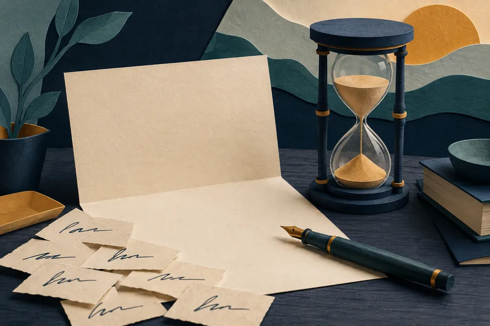 Paper-cut illustration of an open letter, a pen and an hourglass.