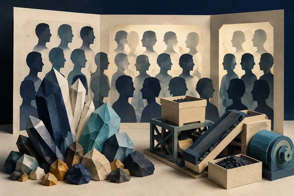 Paper-cut illustration of mineral crystals, an industrial model and repeated anonymous profile cutouts.