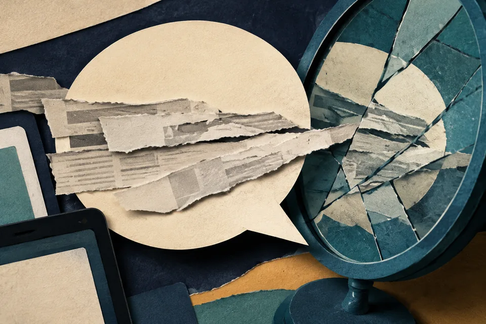 Paper-cut illustration of a speech bubble, fragmented newsprint and a fractured mirror.