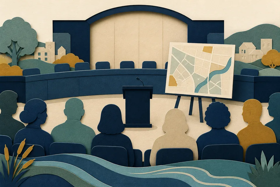 Paper-cut illustration of a public hearing, a speaker podium and a land-use map.