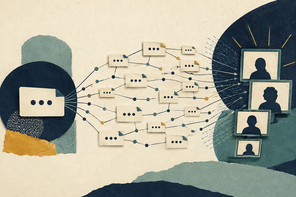 Paper-cut illustration of anonymous messages spreading through a network.