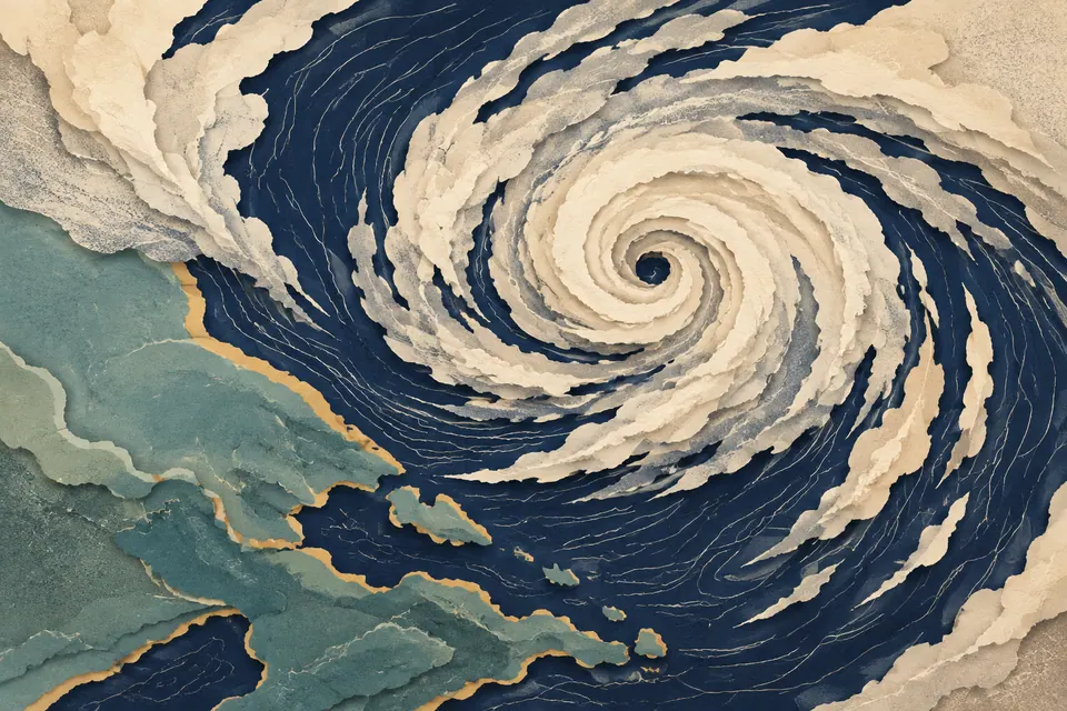 Paper-cut illustration of a storm swirling over a coastline.